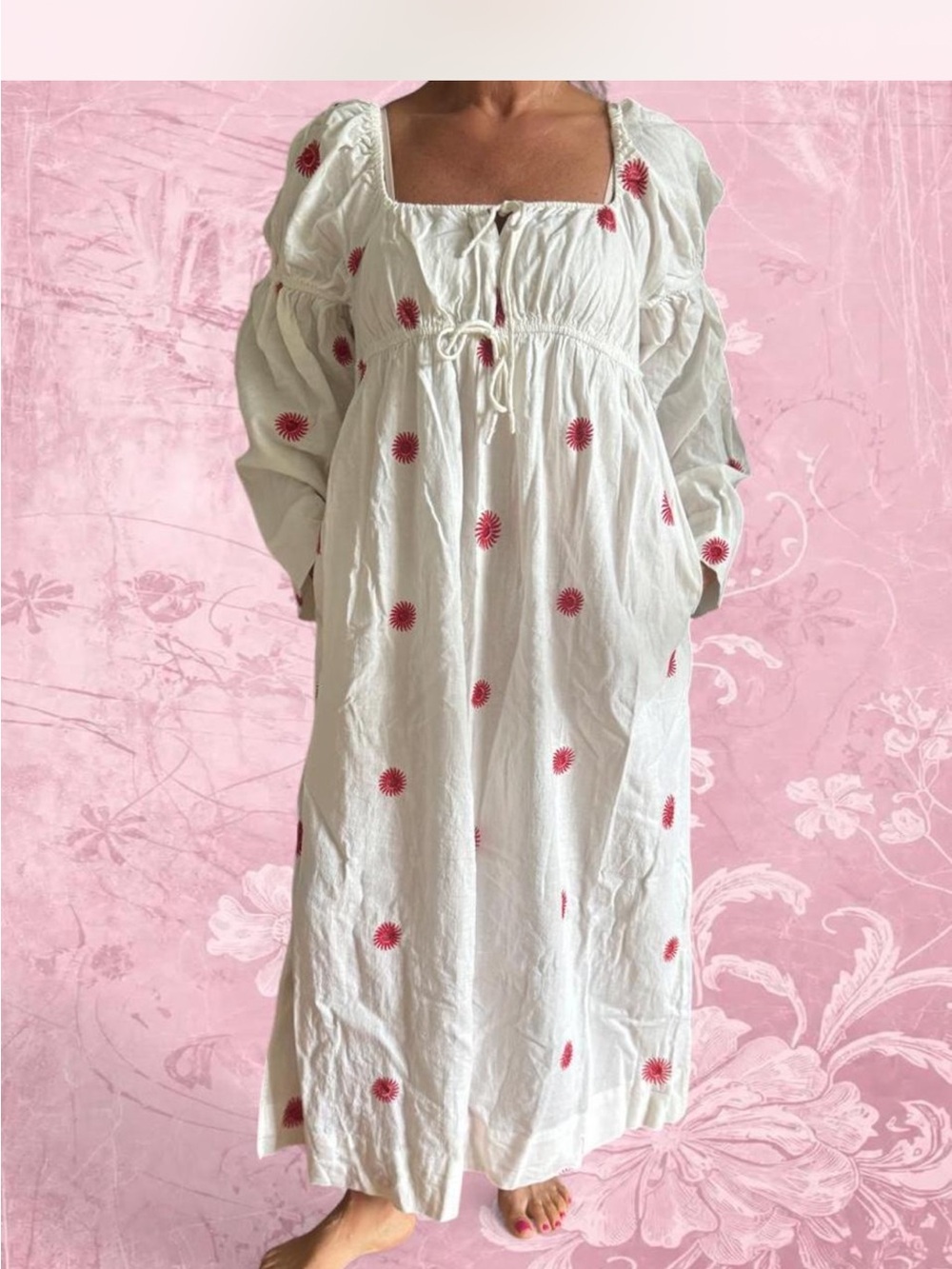 Free People White Long Sleeve Emory Embroidered Dress with Red Suns